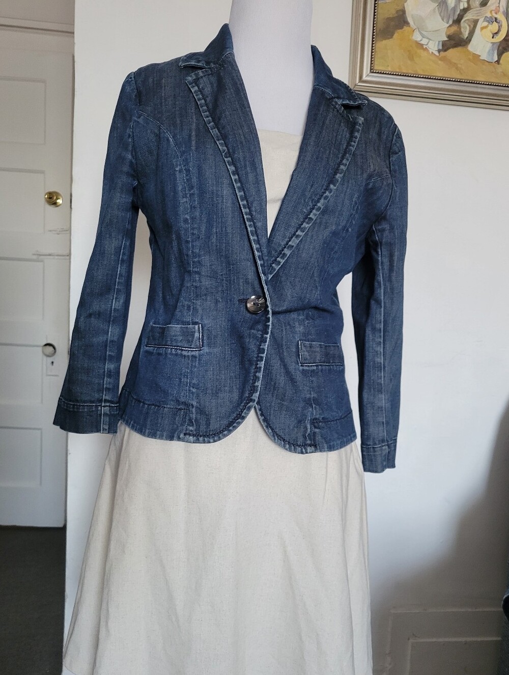 Level 99 Denim Jacket Blazer Sz M ( SEE Measurements For Sizing) Dark Wash